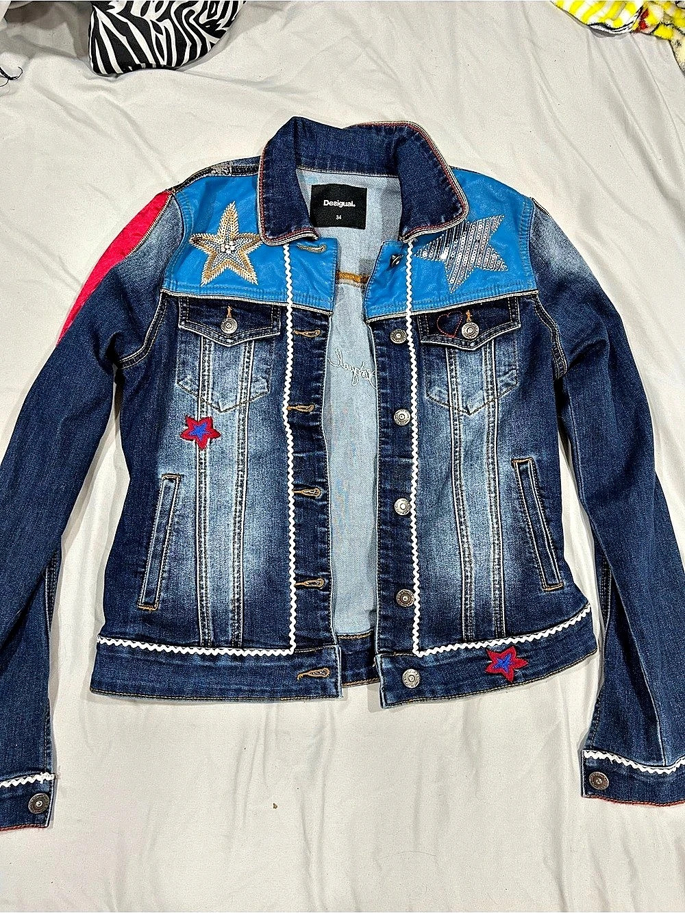 Embellished Denim Jacket Blue & Red